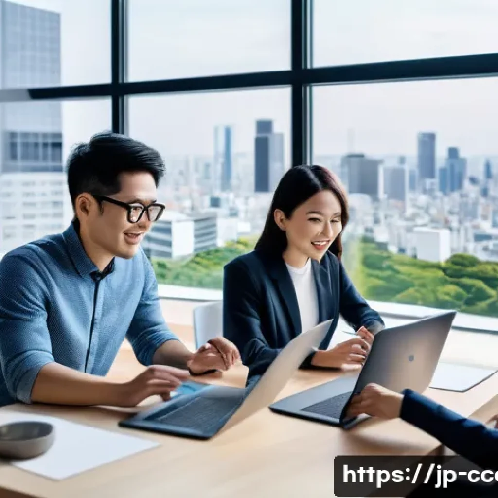 문화콘텐츠 기획사 채용 공고 분석 - A modern Japanese cultural content planning office scene, featuring a diverse team of young professi...