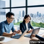 문화콘텐츠 기획사 채용 공고 분석 - A modern Japanese cultural content planning office scene, featuring a diverse team of young professi...