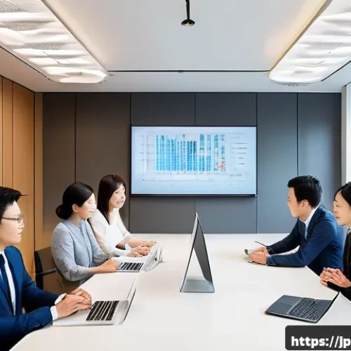 문화콘텐츠 기획에서의 오디언스 분석 방법 - A modern Japanese office scene showing a diverse team of young professionals engaged in a brainstorm...