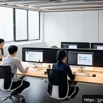 문화콘텐츠 기획사에서의 성과 보상 시스템 - A modern creative workspace showing a diverse group of Japanese creators working in a flexible envir...