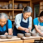 문화콘텐츠 기획 입문자를 위한 가이드 - A vibrant traditional Japanese pottery workshop scene set in a rustic local community center, elderl...