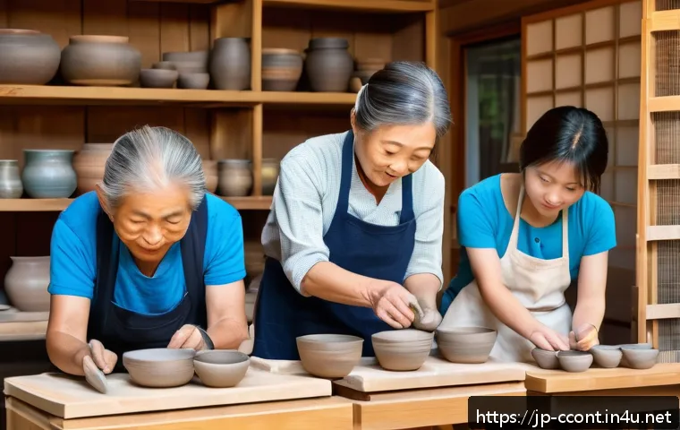 문화콘텐츠 기획 입문자를 위한 가이드 - A vibrant traditional Japanese pottery workshop scene set in a rustic local community center, elderl...