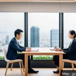 문화콘텐츠 기획에서의 협상 스킬 - A modern Japanese business meeting scene set in a bright, minimalist conference room with large wind...