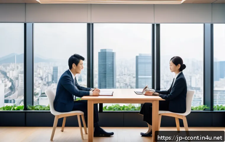 문화콘텐츠 기획에서의 협상 스킬 - A modern Japanese business meeting scene set in a bright, minimalist conference room with large wind...