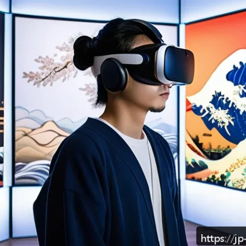 문화콘텐츠 기획사가 자주 사용하는 용어 정리 - A modern digital art exhibition scene targeting young adults, showcasing a fusion of traditional Jap...