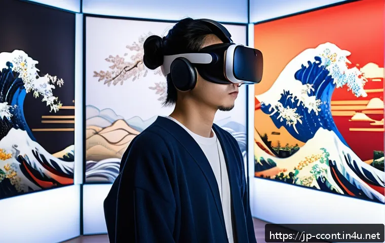 문화콘텐츠 기획사가 자주 사용하는 용어 정리 - A modern digital art exhibition scene targeting young adults, showcasing a fusion of traditional Jap...